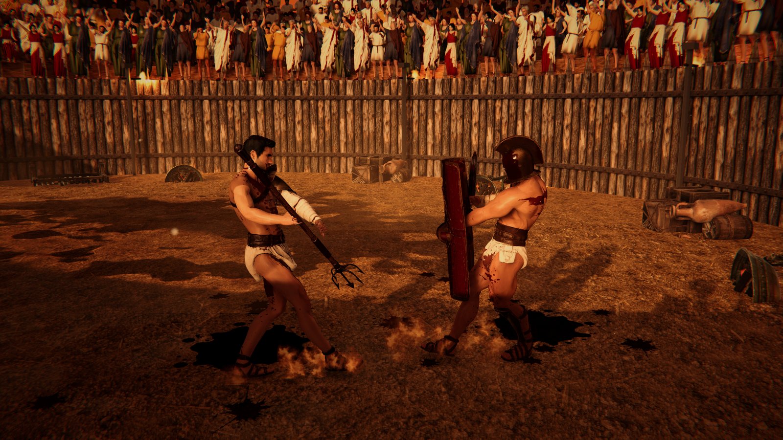 The crowd on its feet as the Retiarius presses in