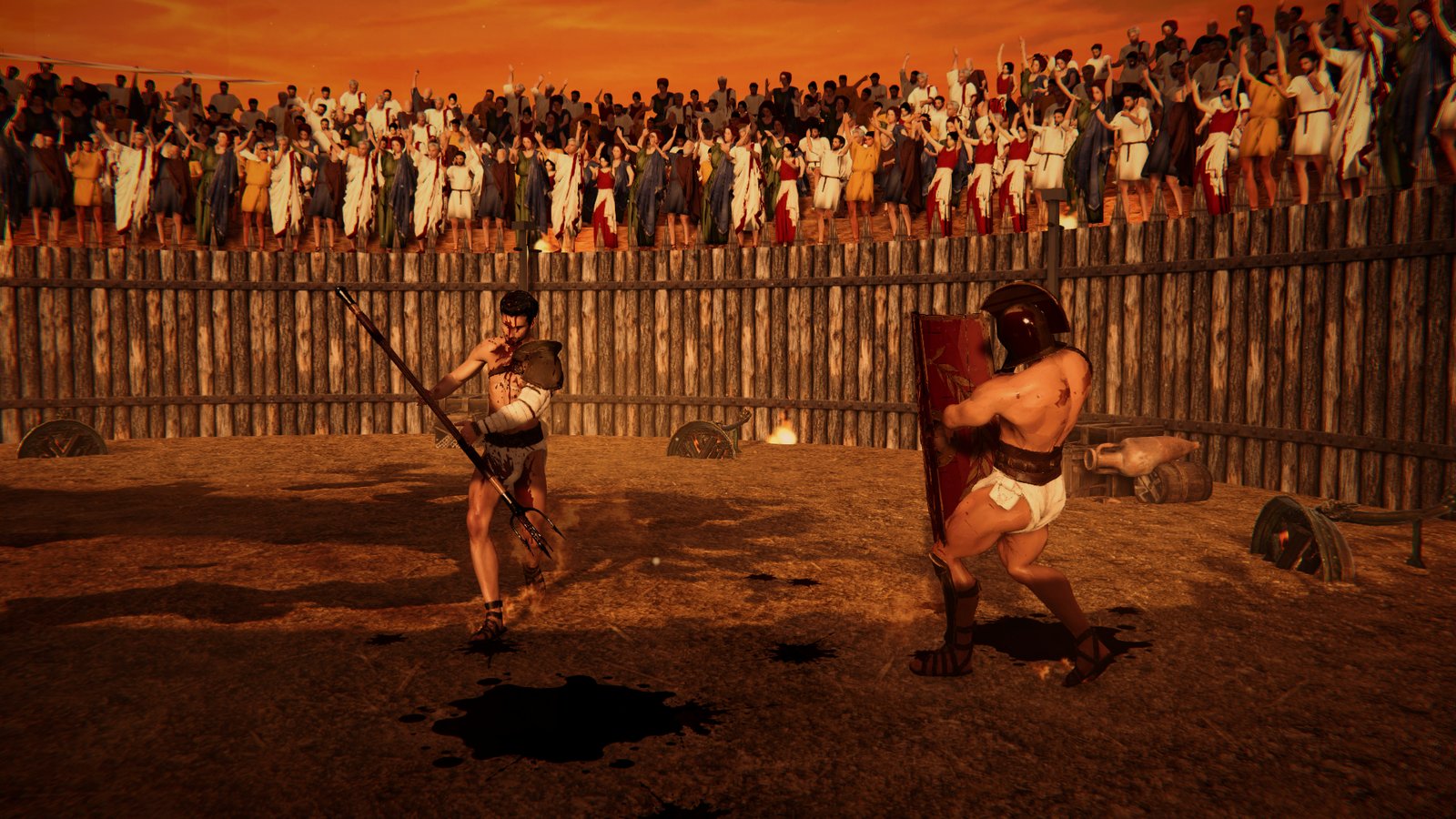 A Retiarius circles a Murmillo in the Sand Pit