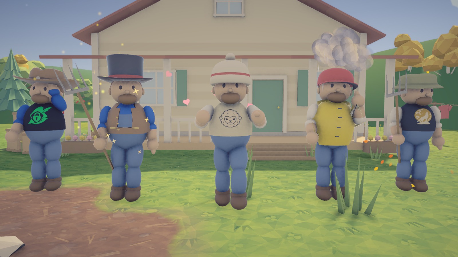 Farmers in hats, T-shirts, outfits and auras from the wardrobe
