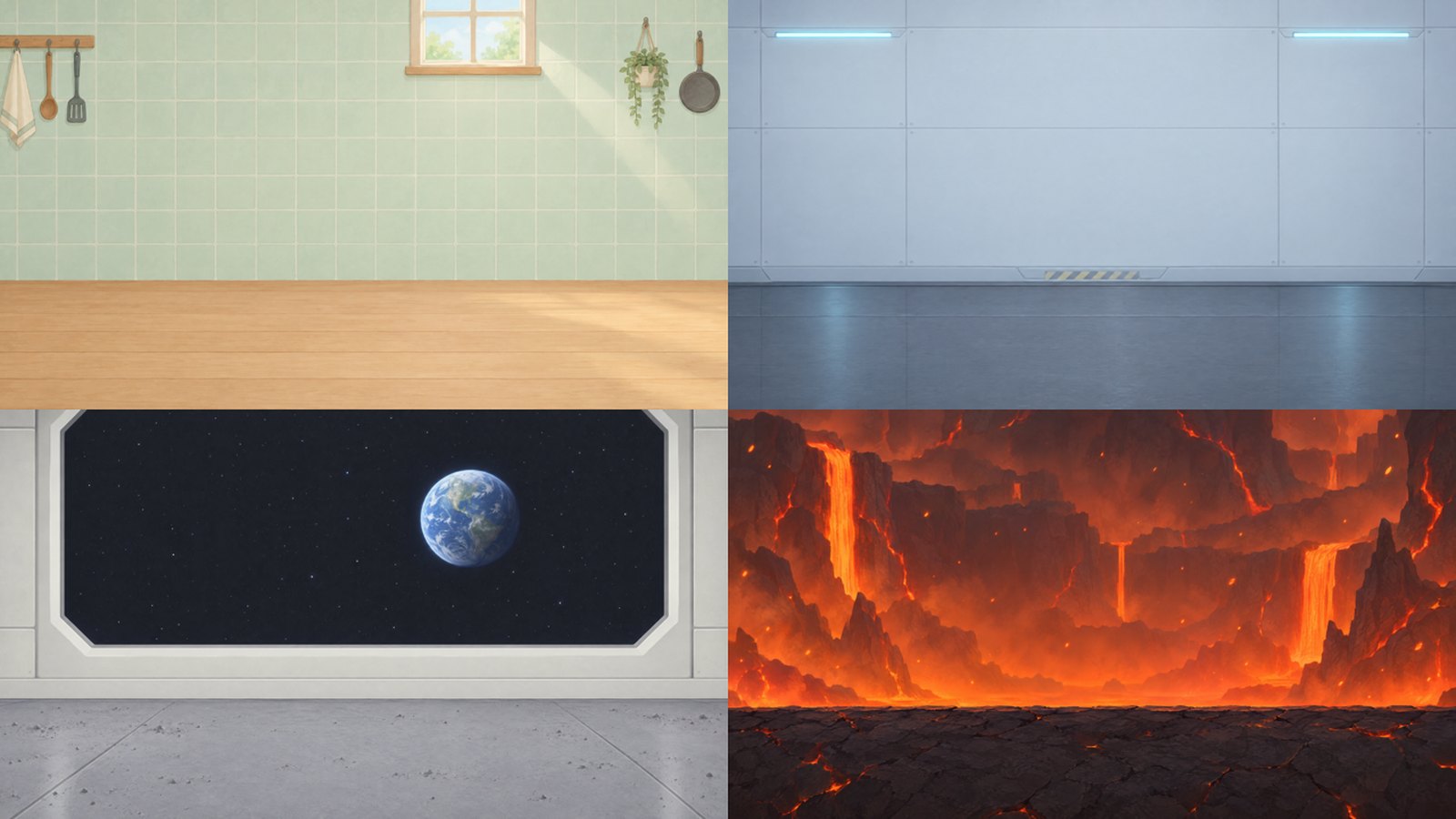 Kitchen, laboratory, moon base and volcano