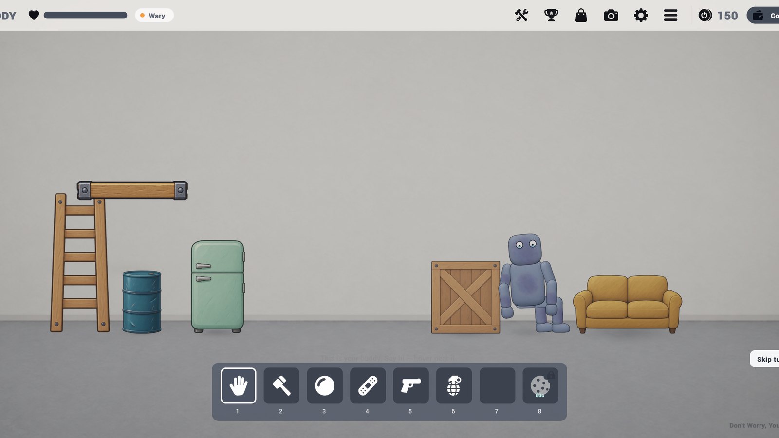 The room: a couch, a crate, a fridge and a ladder